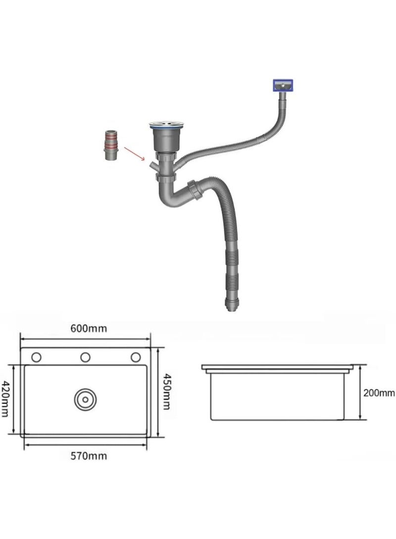 المفتاحة حوض مطبخ من الفولاذ المقاوم للصدأ 60 × 45 سم | حوض مدمج ذو حوض واحد | لون فضي | طقم حوض مطبخ متين للاستخدام المنزلي والتجاري - Image 2